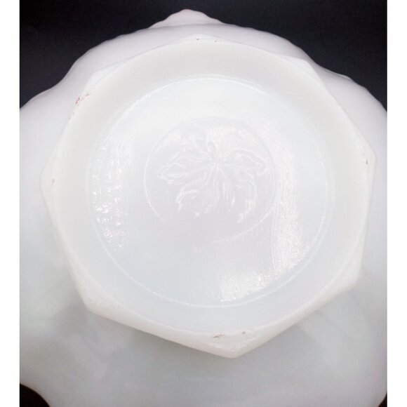 Milk Glass Serving Bowl Anchor Hocking Grape Harvest Gold Edge Pedestal Vintage - Picture 11 of 15